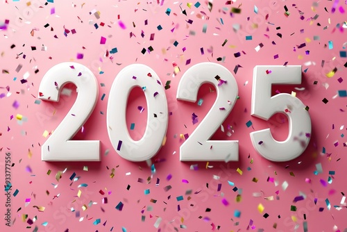 Happy New Year 2025. Realistic 3D numbers "2025" with falling confetti on bright background with generative ai