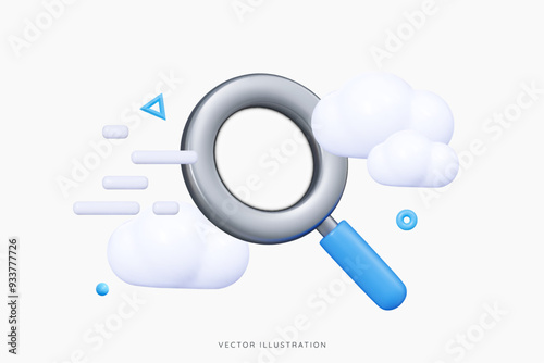 3D Blue magnifying glass with clouds and decoration elements. Web search and analysis concept. Cute lupe. Find information. Cartoon design object. 3D Vector Illustration