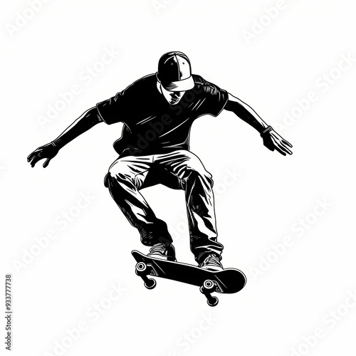 Skateboarder performing an ollie trick in a dynamic pose during a sunny afternoon at the skate park photo