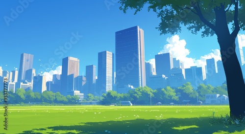 City Skyline with Tall Buildings, Green Trees, and Park Grass under a Blue Sky with White Clouds