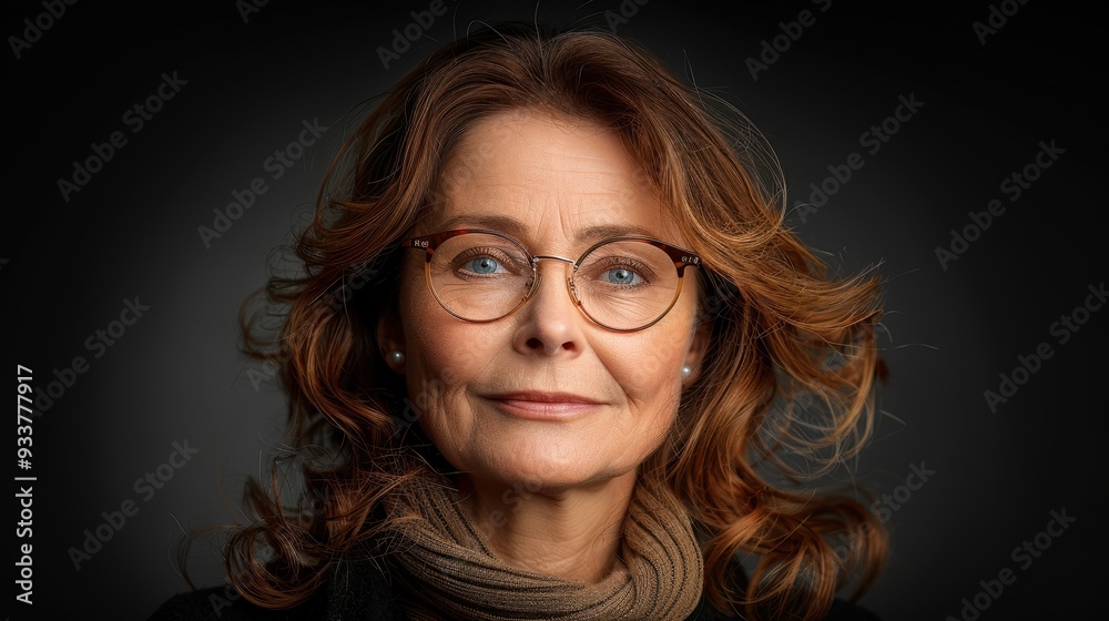 Portrait of a mature woman with curly hair and eyeglasses against a dark background, showcasing a thoughtful and confident expression Portrait of a mature woman with curly hair and eyeglasses against a dark background, showcasing a thoughtful and confident expression