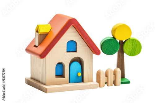 Colorful wooden toy house with a tree and fence, isolated on transparent background. Perfect for kids' playtime and educational activities.