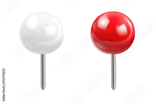 Close-up of two ball-headed push pins, one white and one red, on a transparent background. Perfect for office and school supply themes.