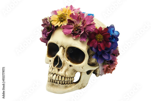 Artistic human skull adorned with colorful flowers, symbolizing the juxtaposition of life and death in an imaginative and beautiful manner.