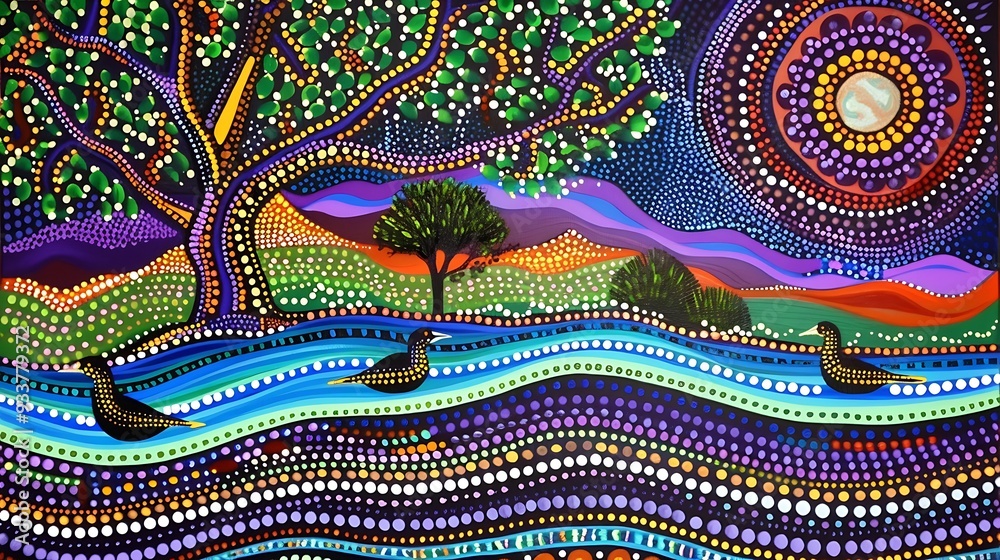 River with ducks and landscape in traditional dot painting style art River with ducks and landscape in traditional dot painting style art