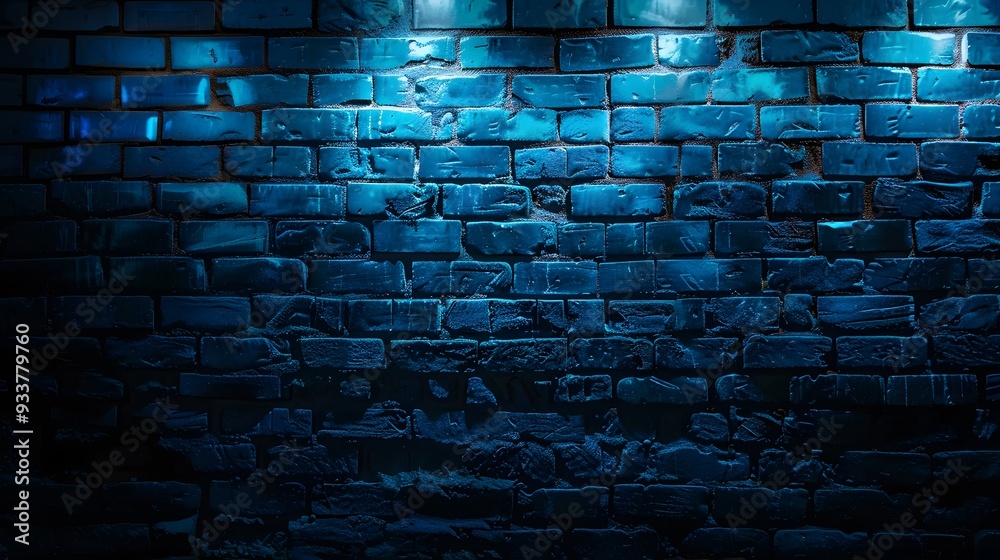 blue neon light on a brick wall at night. blue neon light on a brick wall at night.