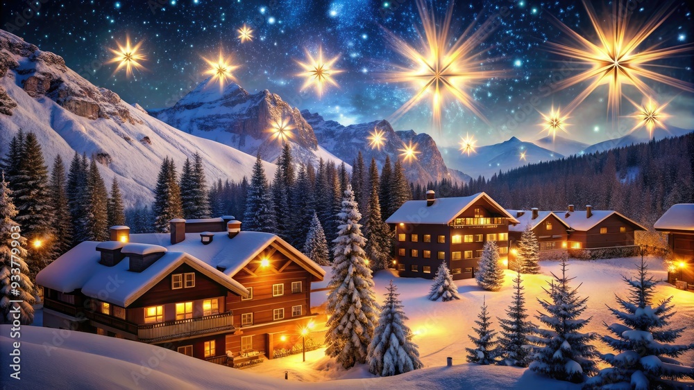 Sparkling snowflakes gently fall on a serene mountain resort at night, illuminated by a warm glow of twinkling lights and a starry winter sky. Sparkling snowflakes gently fall on a serene mountain resort at night, illuminated by a warm glow of twinkling lights and a starry winter sky.