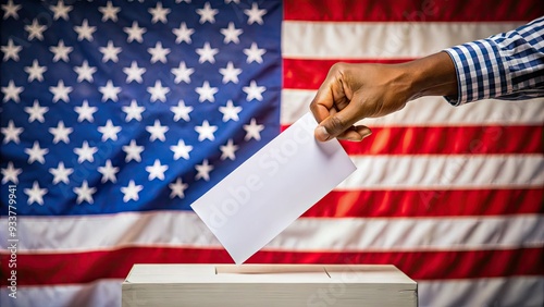 A diverse hand proudly holds a completed ballot in front of a blurred American flag background, symbolizing democratic participation and civic duty.