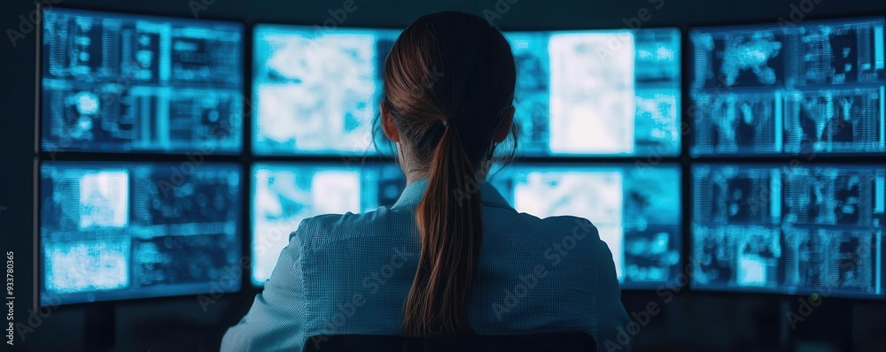 Intelligence analyst studying classified satellite images on multiple monitors, low light, intense focus, photo realistic, covert surveillance Intelligence analyst studying classified satellite images on multiple monitors, low light, intense focus, photo realistic, covert surveillance