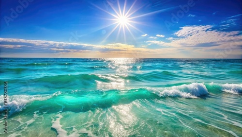 Sparkling turquoise ocean waves gently lap against the sun-kissed sea surface, creating a sense of serenity and tranquility on a warm summer day. photo