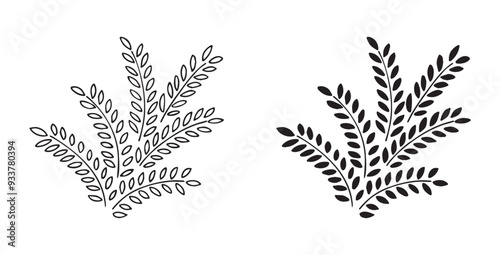Pattern of tree branches with leaves, plant on transparent background. Decorative Elements for Decoration. Hand drawing doodles of vector botanical elements.  Line art. Outline sketch draw