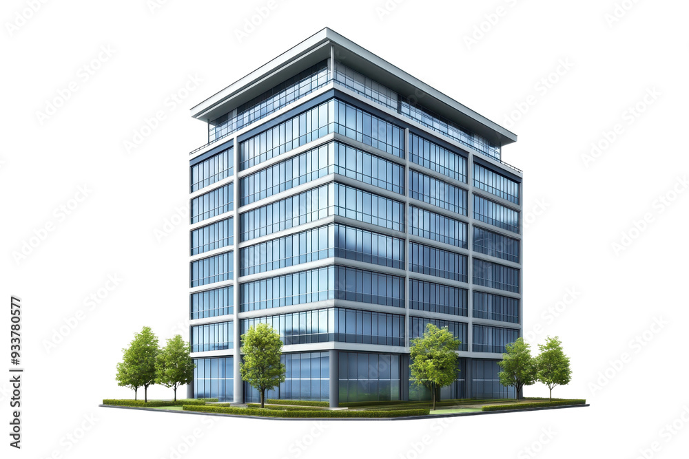 Modern glass office building with trees and green space, sleek architecture, isolated on transparent background. Modern glass office building with trees and green space, sleek architecture, isolated on transparent background.