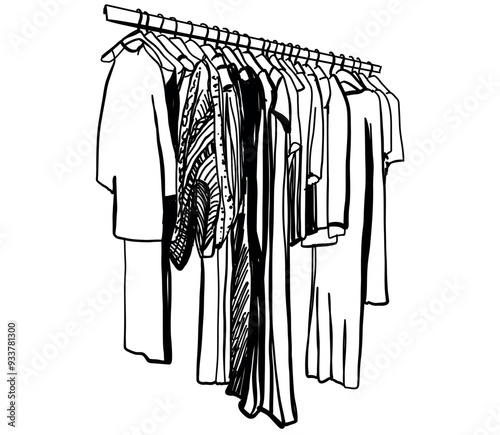 Hand drawn wardrobe sketch. Clothes on the hangers