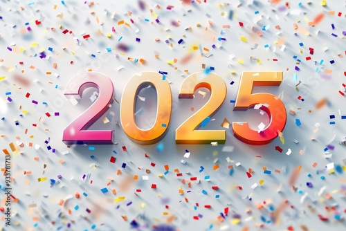 Happy New Year 2025. Realistic 3D numbers "2025" with falling confetti on bright background with generative ai