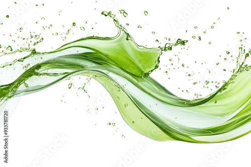 Dynamic green liquid splash with flowing wave and droplets, showcasing vibrant energy and fluid motion on a transparent background.
