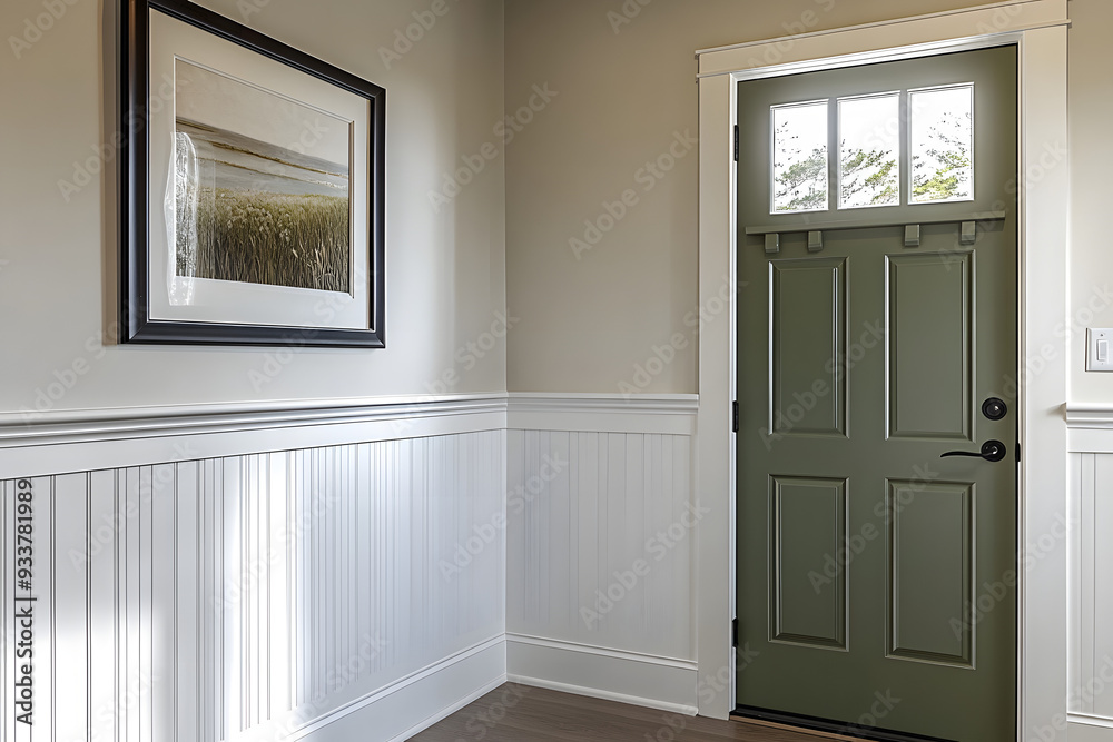 An entryway with white wainscoting and a green door, with framed art on the wall. The room is clean and well-lit. A detailed view focusing only on one side of a picture frame hanging above it. An entryway with white wainscoting and a green door, with framed art on the wall. The room is clean and well-lit. A detailed view focusing only on one side of a picture frame hanging above it.