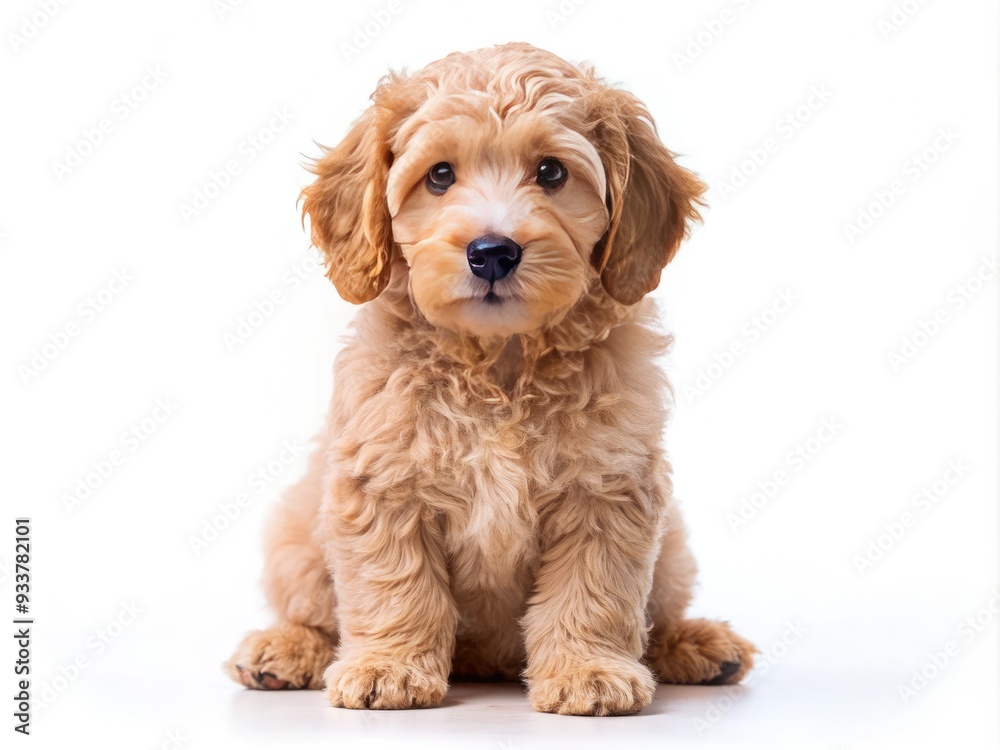 Adorable Labradoodle puppy with soft, curly fur and big brown eyes sits alone on a clean white background, showcasing its playful and curious nature. Adorable Labradoodle puppy with soft, curly fur and big brown eyes sits alone on a clean white background, showcasing its playful and curious nature.