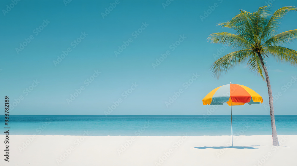 A colorful beach umbrella stands alone next to a palm tree on a tranquil, white sandy beach under a clear blue sky in the early afternoon sunlight A colorful beach umbrella stands alone next to a palm tree on a tranquil, white sandy beach under a clear blue sky in the early afternoon sunlight