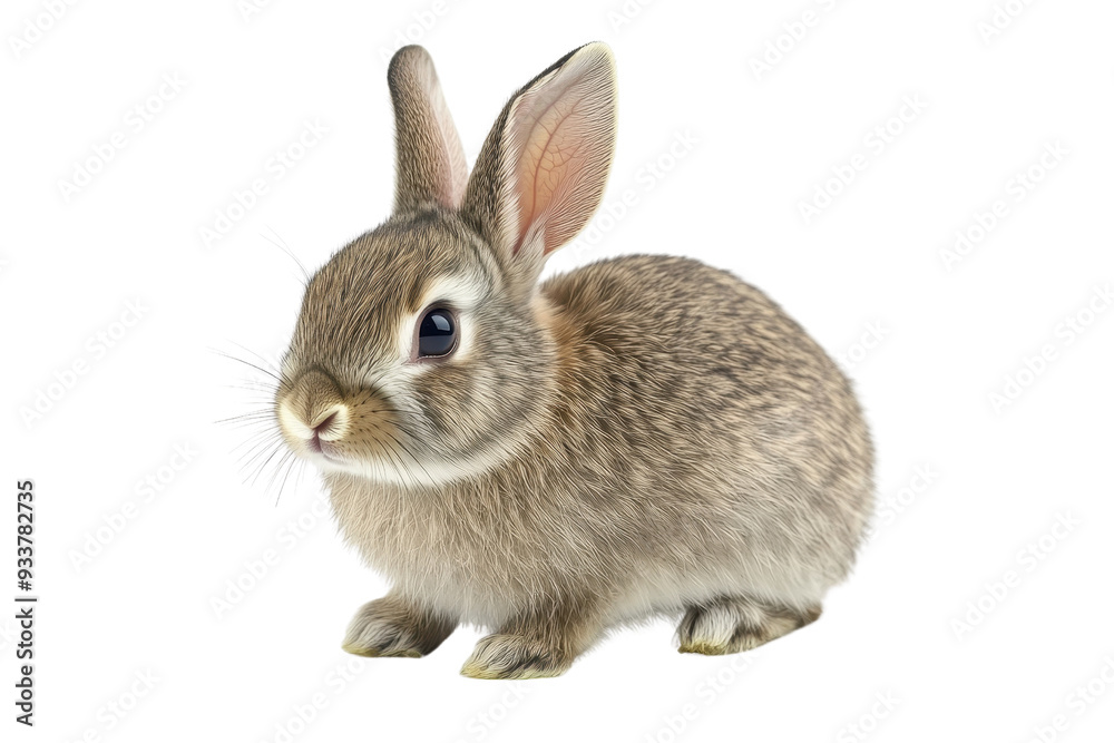 Close-up of a small, cute rabbit sitting against a transparent background. The soft fur and detailed features make it perfect for diverse uses.