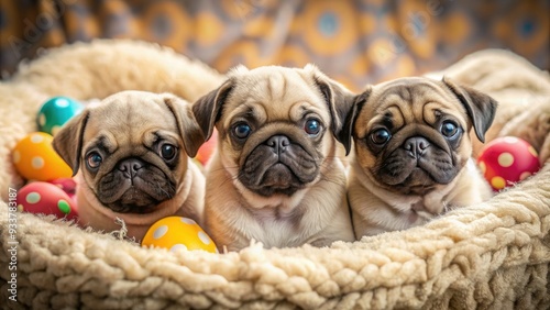 Adorable pug puppies huddle together in their litter, soft fur and big eyes shining, surrounded by fluffy bedding and scattered toys in a cozy atmosphere.