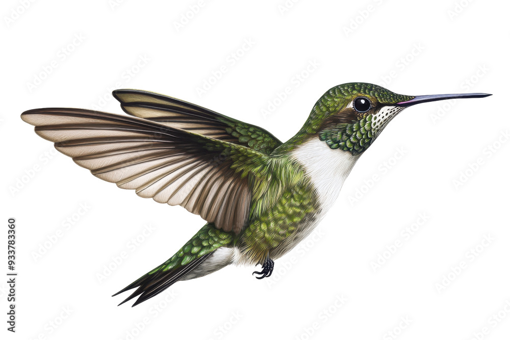 Obraz premium Beautiful close-up of a green and white hummingbird in mid-flight, showcasing intricate details and vibrant colors, isolated on transparent background.