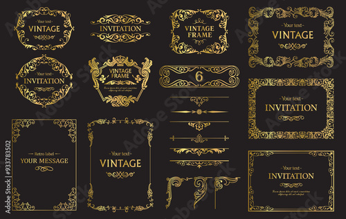 Design gold elements set, decorative flourish border corner and frame collection for invitation, menu and page decoration