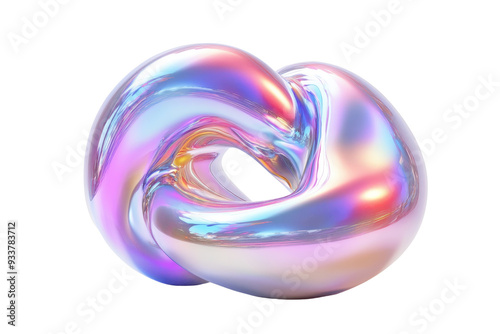 Abstract 3D iridescent twisted torus with holographic colors on transparent background. digital illustration of modern shape.