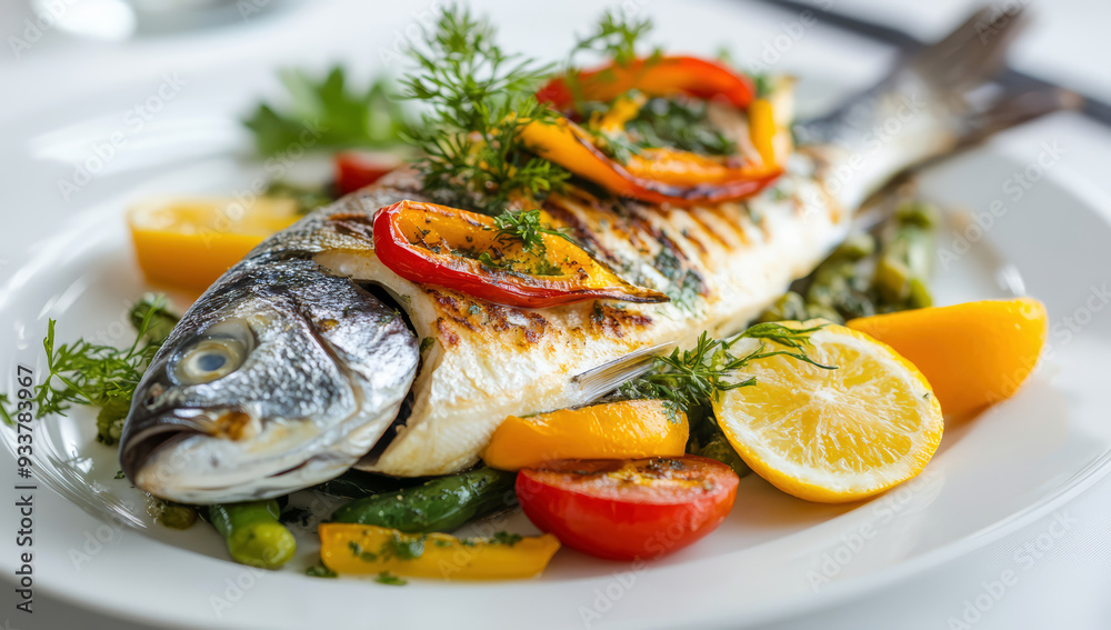Baked sea bream fish with lemon slices Baked sea bream fish with lemon slices