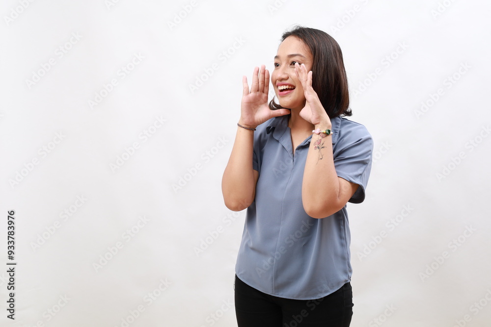 Special promotion. Young asian woman shouting to announce information on white background, space for text Special promotion. Young asian woman shouting to announce information on white background, space for text
