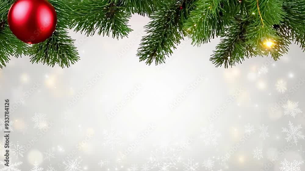 Festive Christmas Background Featuring Red Ornament and Green Fir Branches with Snowflakes. Christmas greeting card with copy space. Concept of Holiday Celebration, Decorations, Winter Festivity. Festive Christmas Background Featuring Red Ornament and Green Fir Branches with Snowflakes. Christmas greeting card with copy space. Concept of Holiday Celebration, Decorations, Winter Festivity.