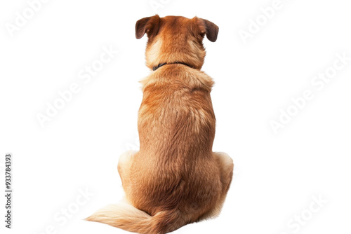 A back view of a brown dog sitting against a transparent background. showcasing its fur and tail.