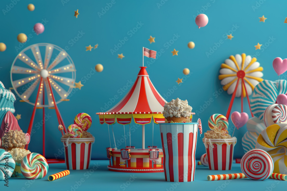 A vibrant carnival scene filled with candy, popcorn, and a miniature carousel under a cheerful blue backdrop A vibrant carnival scene filled with candy, popcorn, and a miniature carousel under a cheerful blue backdrop
