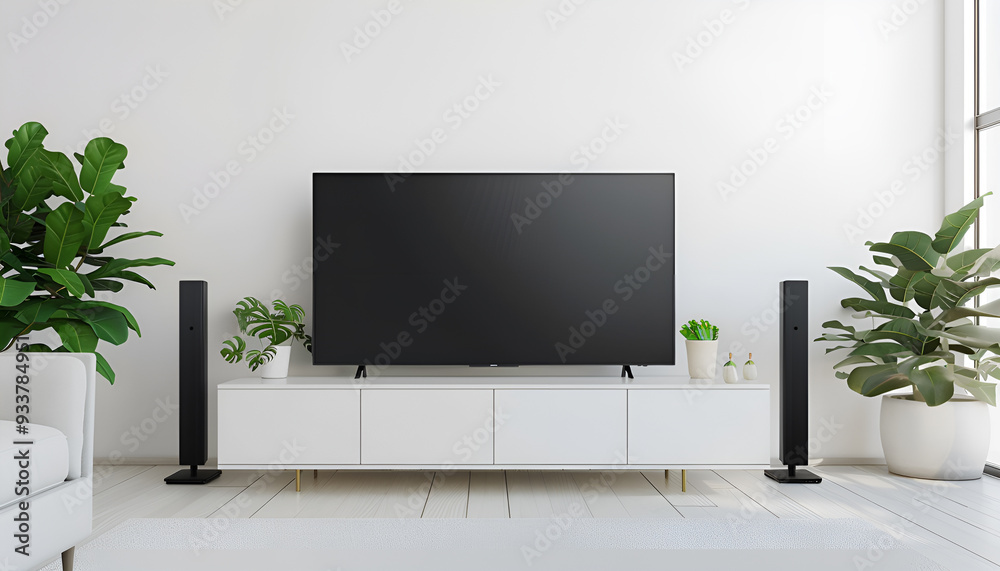 wide screen TV on white stand near light wall wide screen TV on white stand near light wall