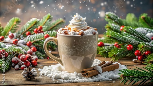 Wallpaper Mural Steaming mug of hot cocoa topped with whipped cream and marshmallows, surrounded by festive holly and evergreen branches on a snowy winter morning. Torontodigital.ca