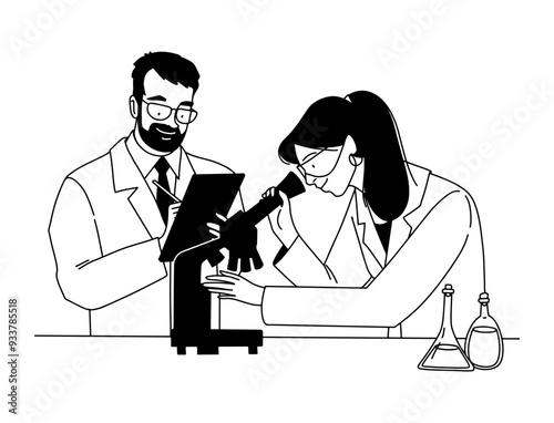 outline two scientists working with a microscope. Vector illustration