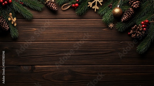 A stunning arrangement of Christmas decorations on a wooden background creates a warm and inviting holiday vibe perfect for seasonal celebrations