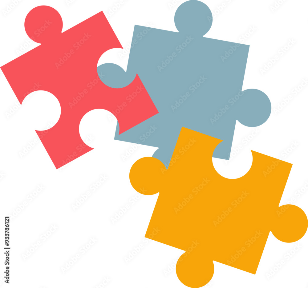 Three interlocking jigsaw puzzle pieces in red, blue, and yellow, symbolizing connection and teamwork. Three interlocking jigsaw puzzle pieces in red, blue, and yellow, symbolizing connection and teamwork.