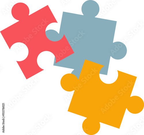 Three interlocking jigsaw puzzle pieces in red, blue, and yellow, symbolizing connection and teamwork.
