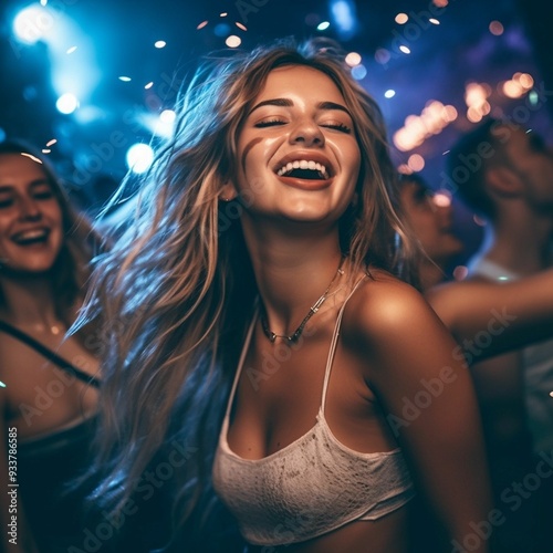 Young woman enjoying a vibrant party atmosphere with friends at night