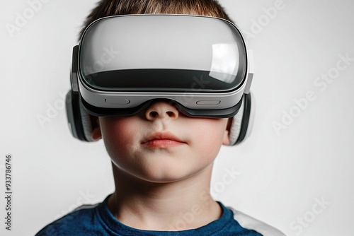 Portrait of a school boy wearing and using virtual reality headse. VR goggles. Isolated on white background. Generative Ai photo