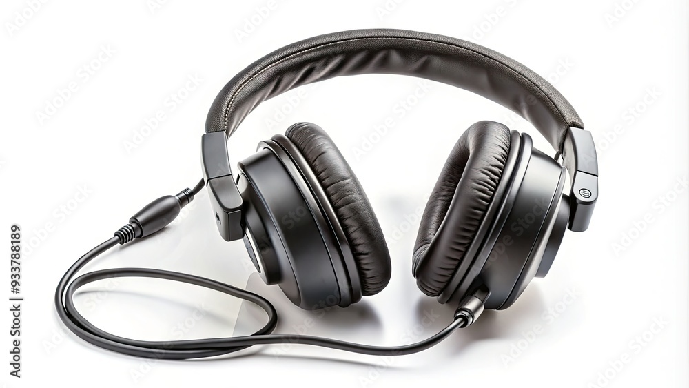Stylish black headphones with sleek outline, audio cord and microphone, isolated on white background, ready for music, podcast or gaming experience. Stylish black headphones with sleek outline, audio cord and microphone, isolated on white background, ready for music, podcast or gaming experience.