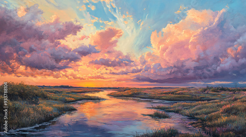 Sunset River Landscape.