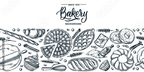 Seamless horizontal background with baking bread, pie, donuts, croissant. Vector hand drawn sketch illustration of fresh pastry. Bakery menu banner poster, textile print, label package design template