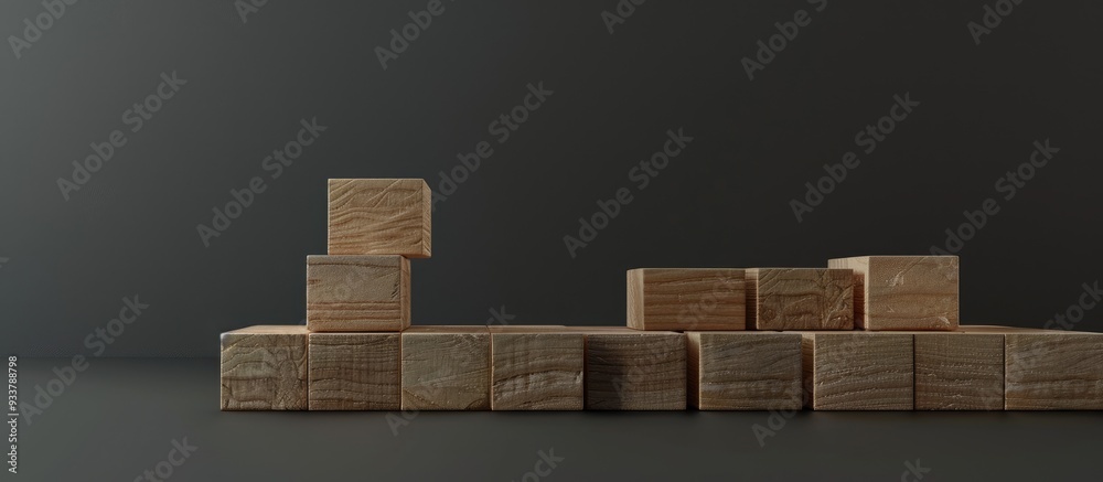 Wooden blocks stacked like stairs on a gray background, symbolizing a successful business process with text 'build trust in your brand'. Concept of business and brand trust with copy space image.