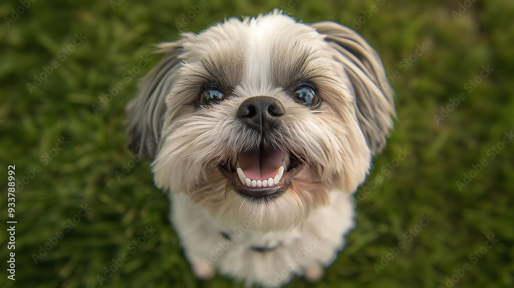 A happy Shih Tzu with its mouth open on the grass A happy Shih Tzu with its mouth open on the grass