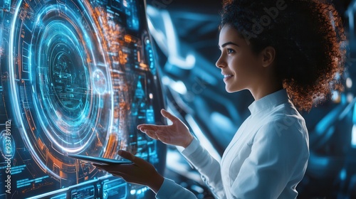 Woman interacting with advanced digital interface, holographic display, futuristic technology concept, innovative user experience. photo