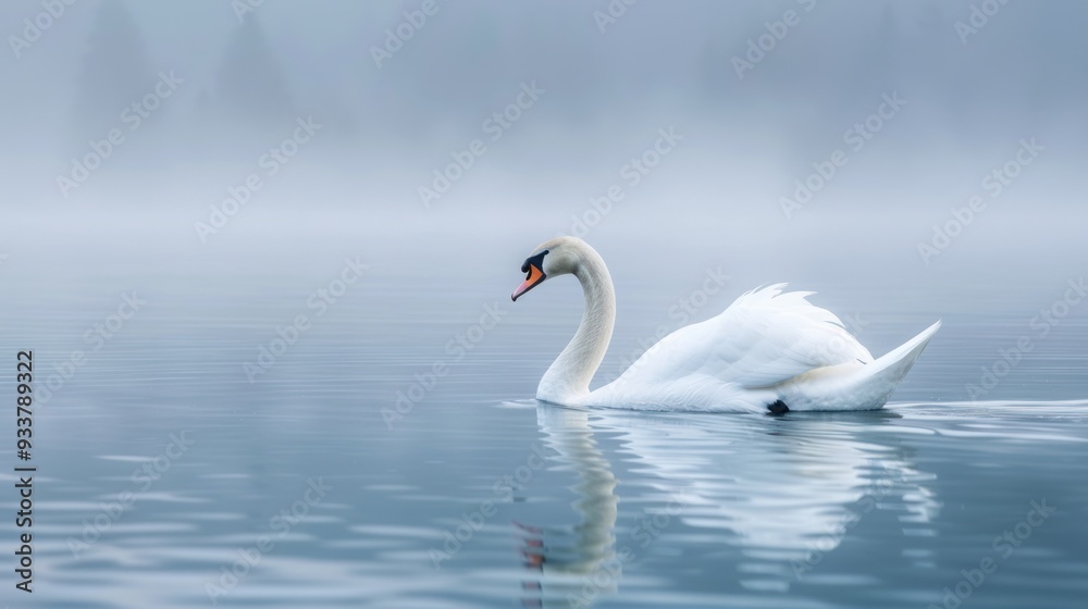Elegant swan swimming in misty lake. Elegant swan swimming in misty lake.