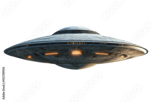 A realistic illustration of a flying saucer UFO with glowing lights, isolated on a transparent background. photo