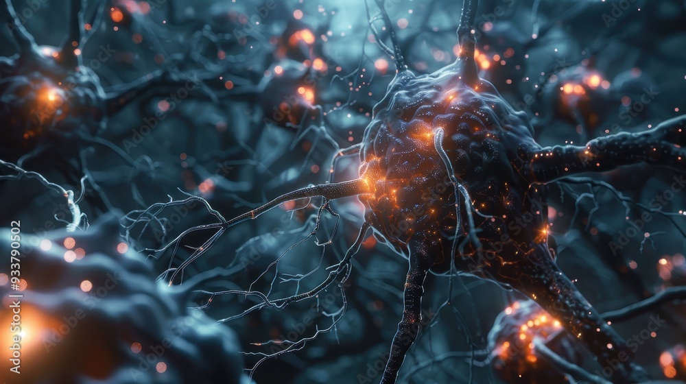 Stylized representation of a neuron with glowing synaptic connections, suggesting activity or communication within the neural network Stylized representation of a neuron with glowing synaptic connections, suggesting activity or communication within the neural network
