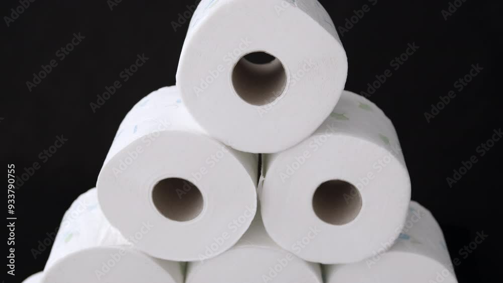Camera moves up showing many toilet paper rolls placed on each other forming a tower. Camera moves up showing many toilet paper rolls placed on each other forming a tower.
